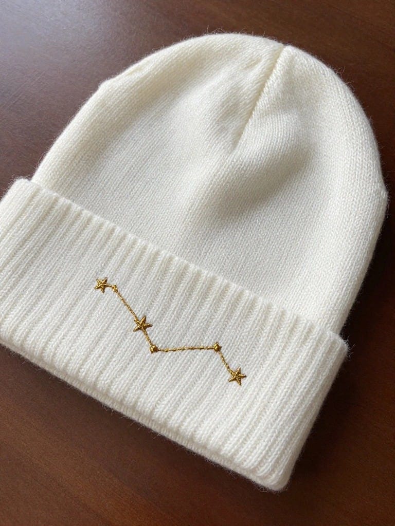White knit beanie with gold embroidered stars and connecting lines on the ribbed cuff.