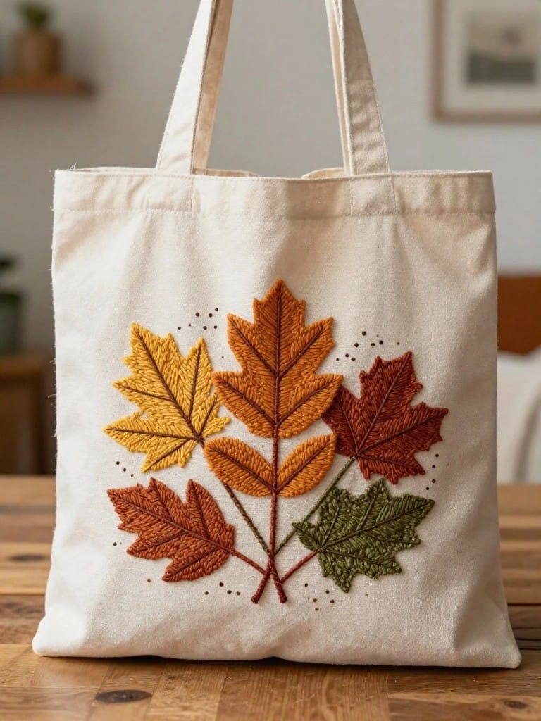 White canvas tote bag with a central embroidery of clustered fall leaves in orange, yellow, red, and green shades.