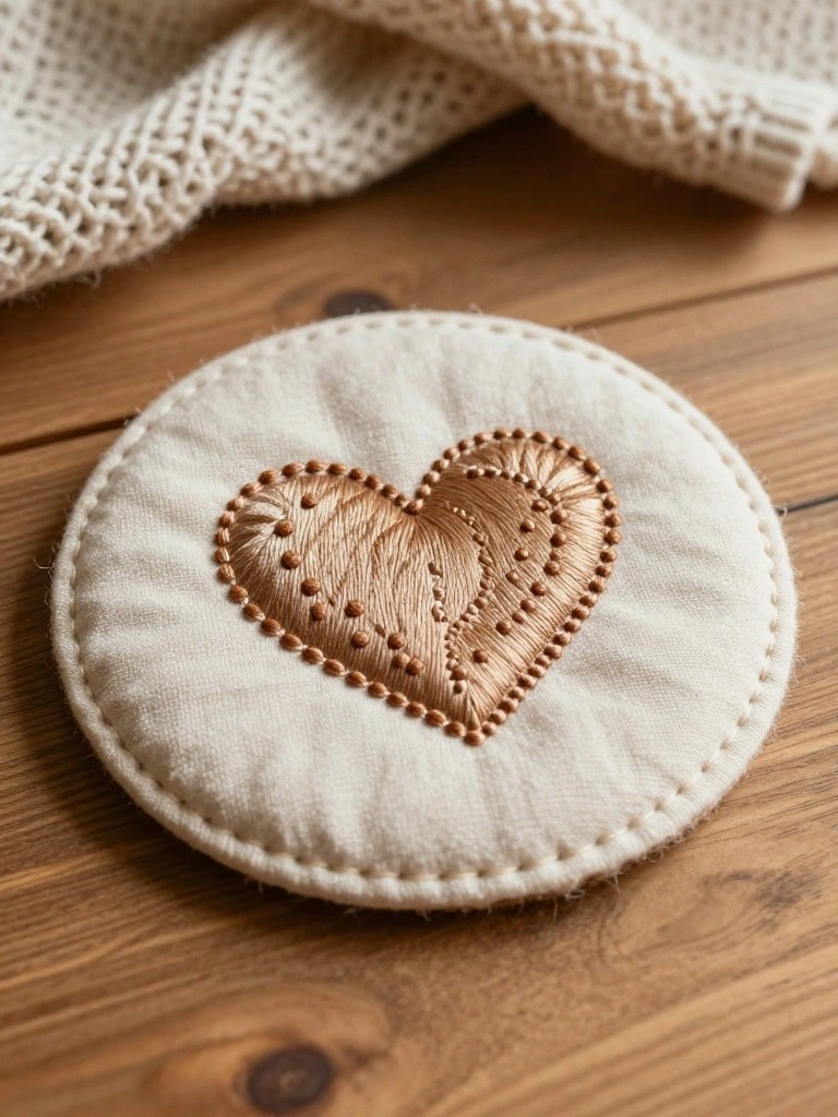 A round white felt coaster with a central embroidered orange heart sits on a wooden table next to a white knitted blanket.