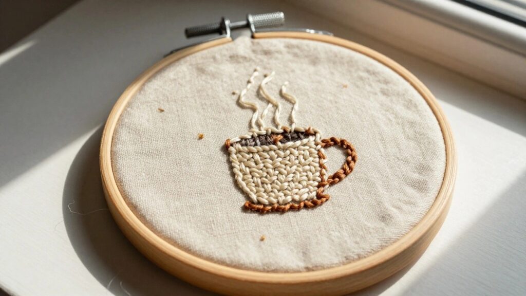 Embroidery hoop on beige fabric with a textured white mug, brown handle and rim, and curly steam rising from the top.