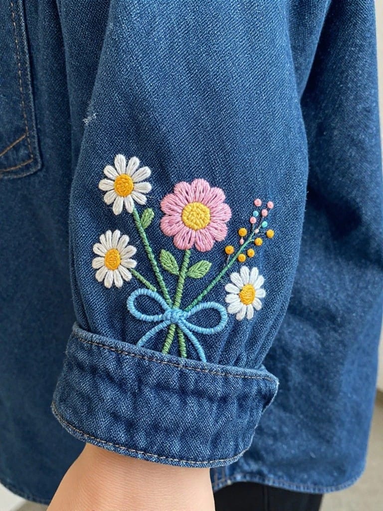 Denim sleeve cuff embroidered with white daisies, pink flower, stems, leaves, and blue ribbon bow.