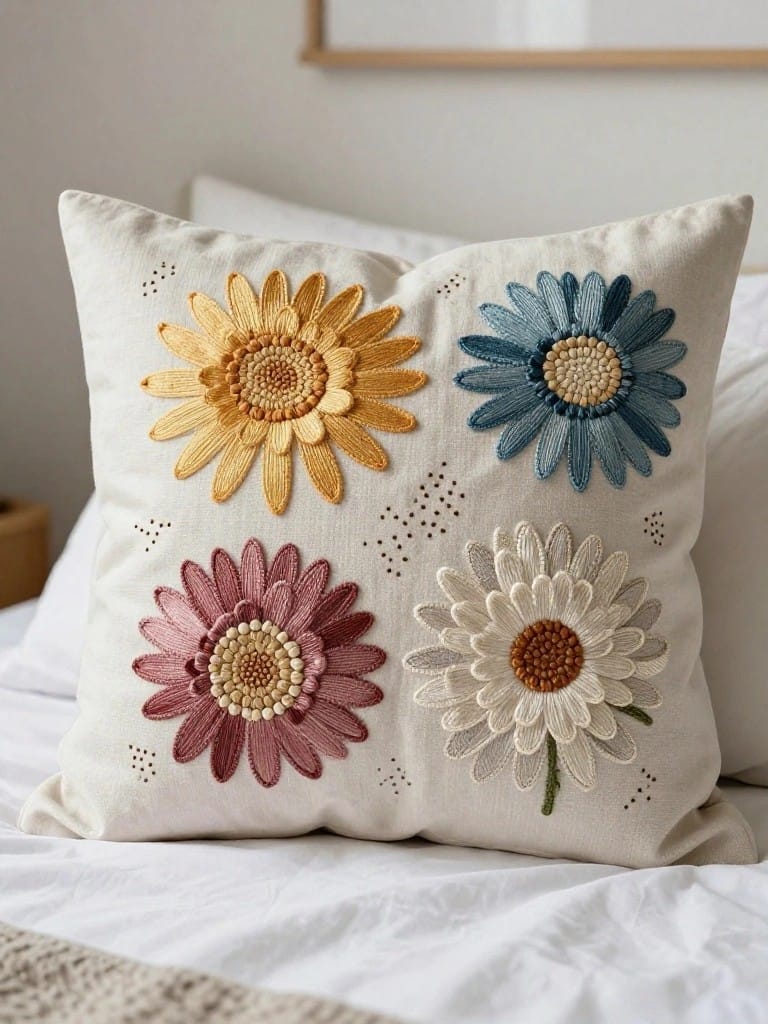 White pillow cover with four embroidered daisies in yellow, blue, pink, and white arranged in a 2x2 grid on the front.
