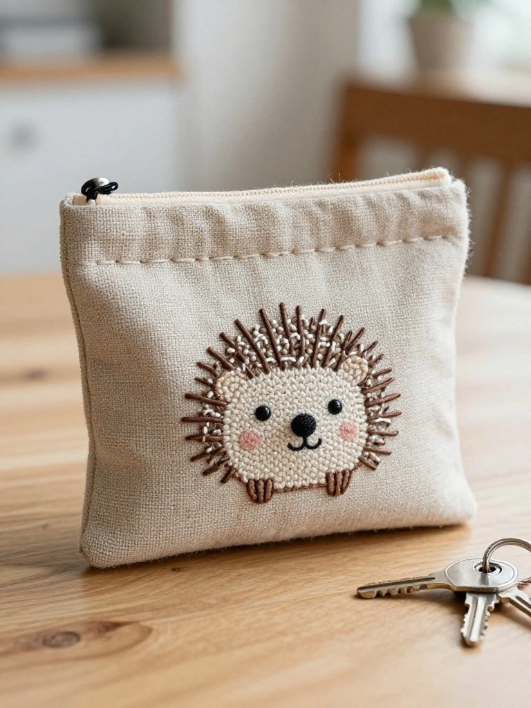 Beige canvas drawstring pouch with embroidered brown hedgehog on front, on wooden table with keys.