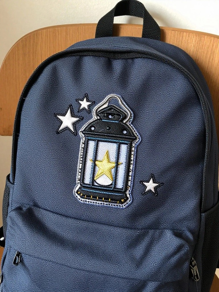 Navy backpack with central embroidered black lantern containing yellow star and surrounding white stars on dark blue fabric.