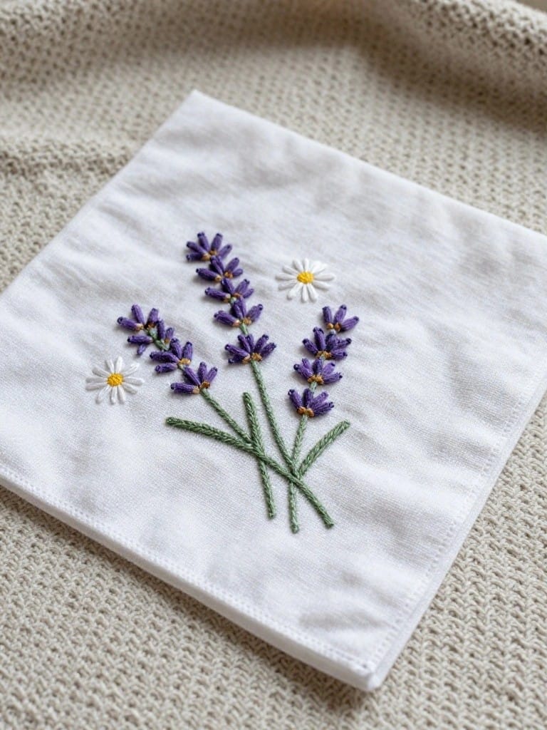 White square napkin embroidered with purple lavender stems, green stems, and white daisies with yellow centers, placed on a beige knit blanket.