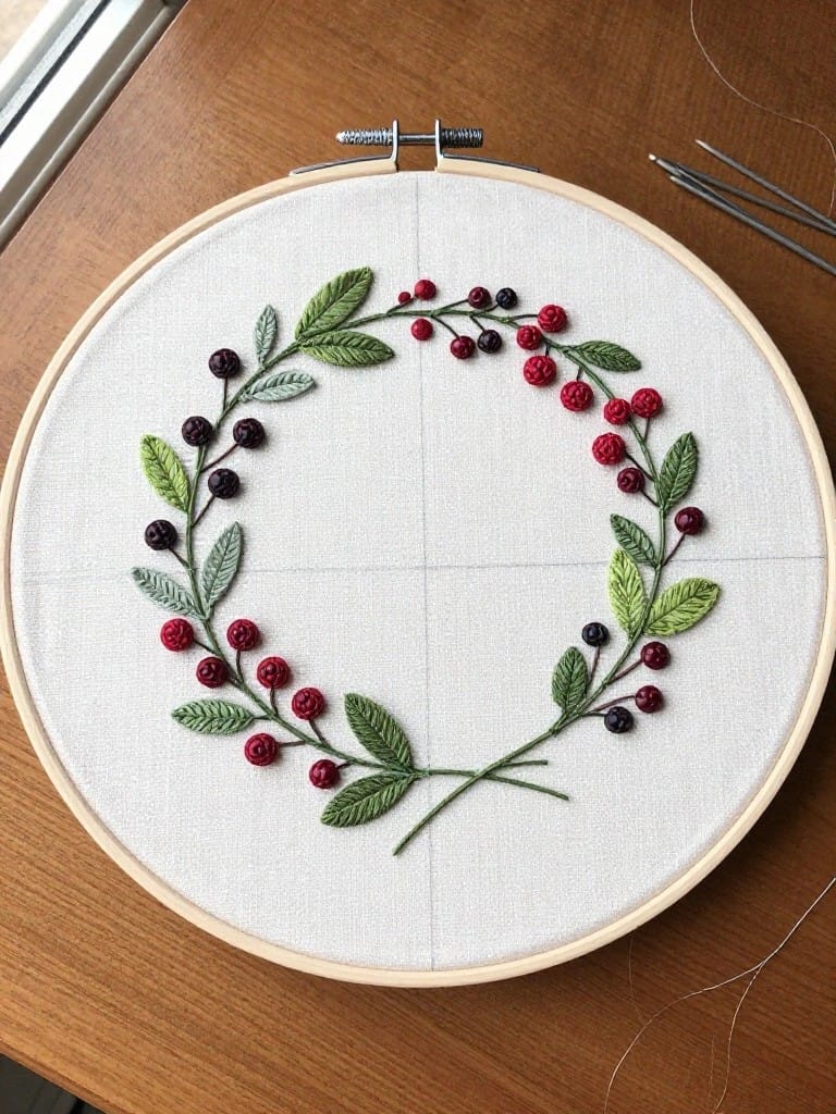 Embroidery hoop on white fabric featuring a circular wreath of green leaves and clusters of red and purple berries.
