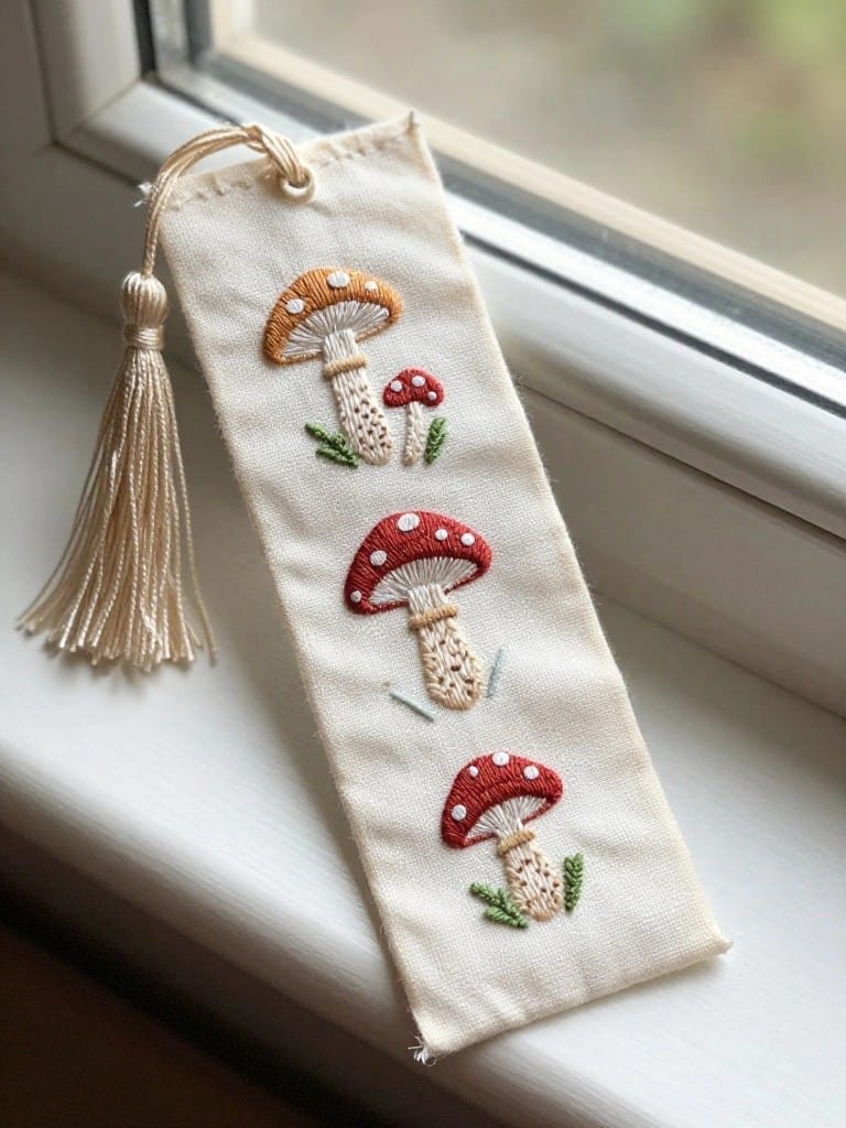 White fabric bookmark embroidered with tan, orange, and red mushrooms plus green leaves, with three tassels at the bottom, set on a windowsill.