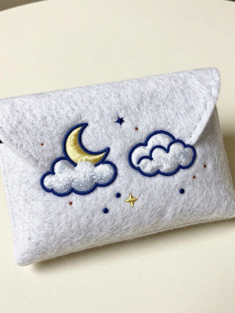 Gray felt envelope pouch with embroidered gold crescent moon, white puffy clouds outlined in blue, and small gold and blue stars on the front flap.