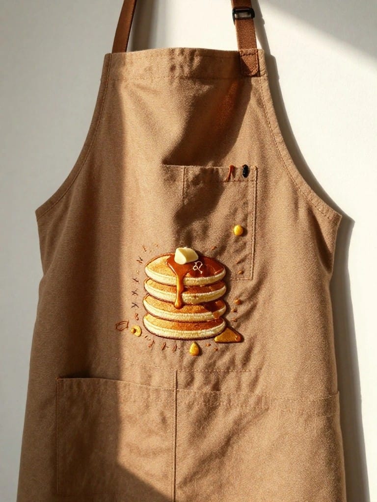 Brown apron with detailed embroidery of stacked pancakes, butter pat, and dripping syrup on the front bib above the pocket.