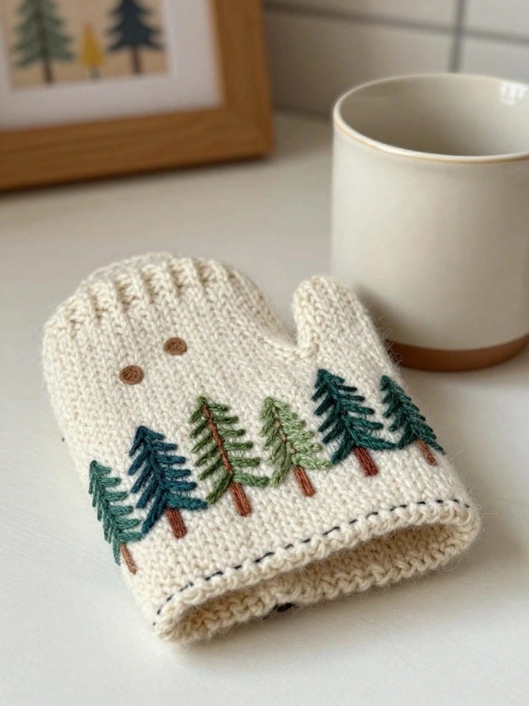 Cream knitted mitten with embroidered row of small green fir trees and two brown dots on the back, next to a white mug and framed tree print.