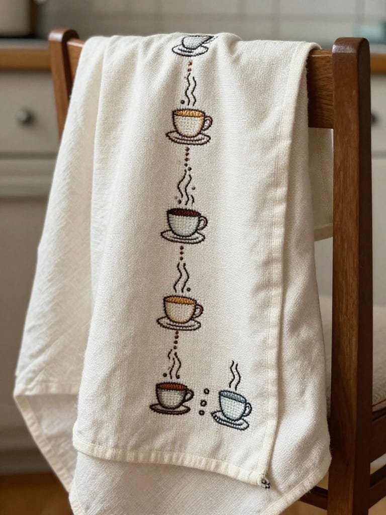 White tea towel with central vertical embroidery of four steaming cups on saucers in brown, orange, and blue, draped over wooden chair back in kitchen.