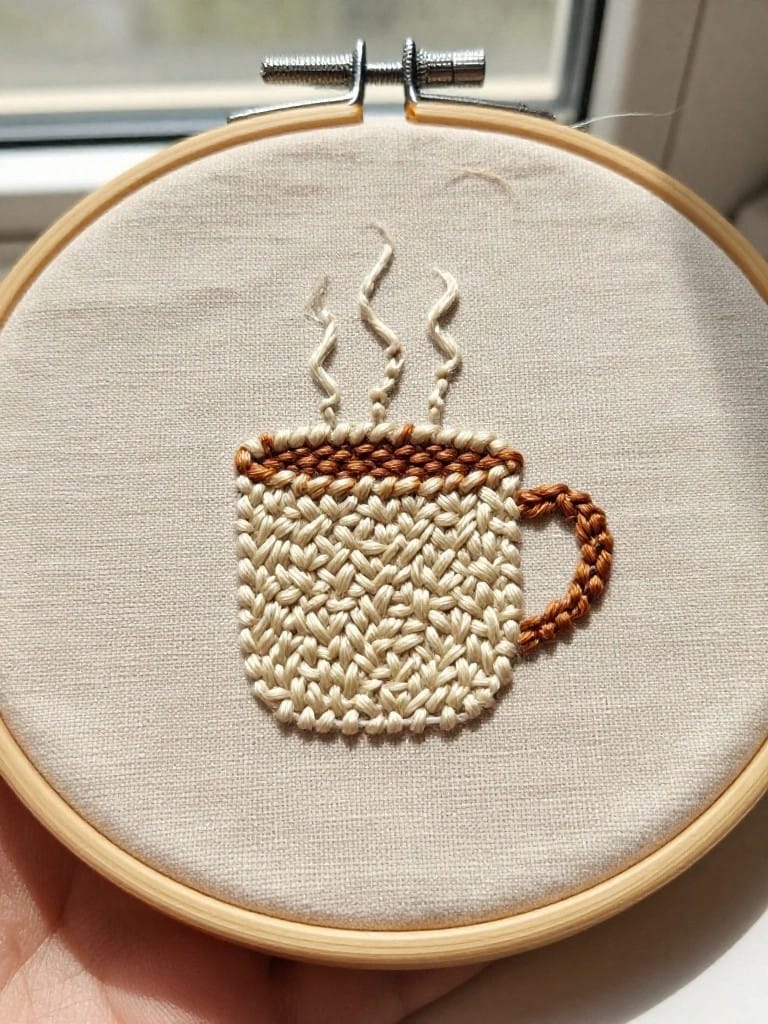 Embroidery hoop on beige fabric with a textured white mug, brown handle and rim, and curly steam rising from the top.