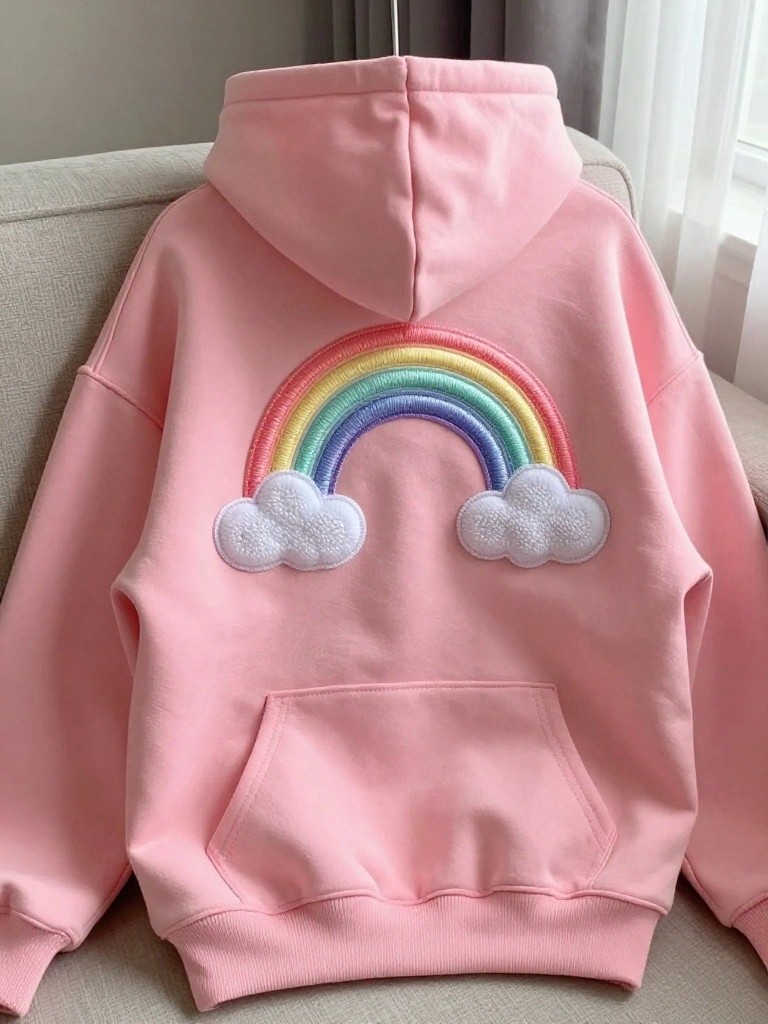 Pink hoodie displayed from the back with a large embroidered multicolored rainbow and two white puffy clouds above it.