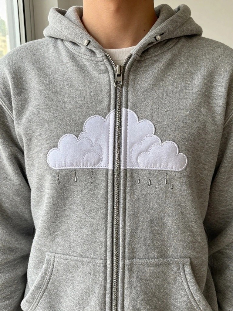 Gray zip-up hoodie with white embroidered cloud featuring layered puffs and dangling raindrops centered over the front zipper.