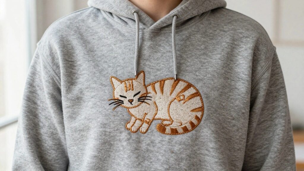 Gray hoodie with an orange embroidered tabby cat sitting on the left front chest.