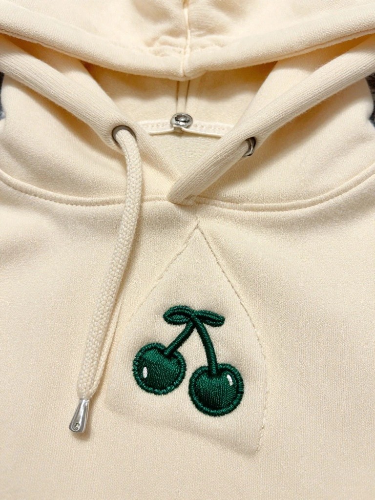Cream hoodie front with two green embroidered cherries and stems centered below the hood drawstrings.