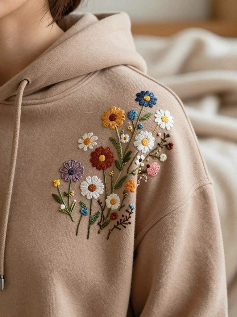 Beige hoodie with embroidered cluster of small colorful flowers on the left shoulder.