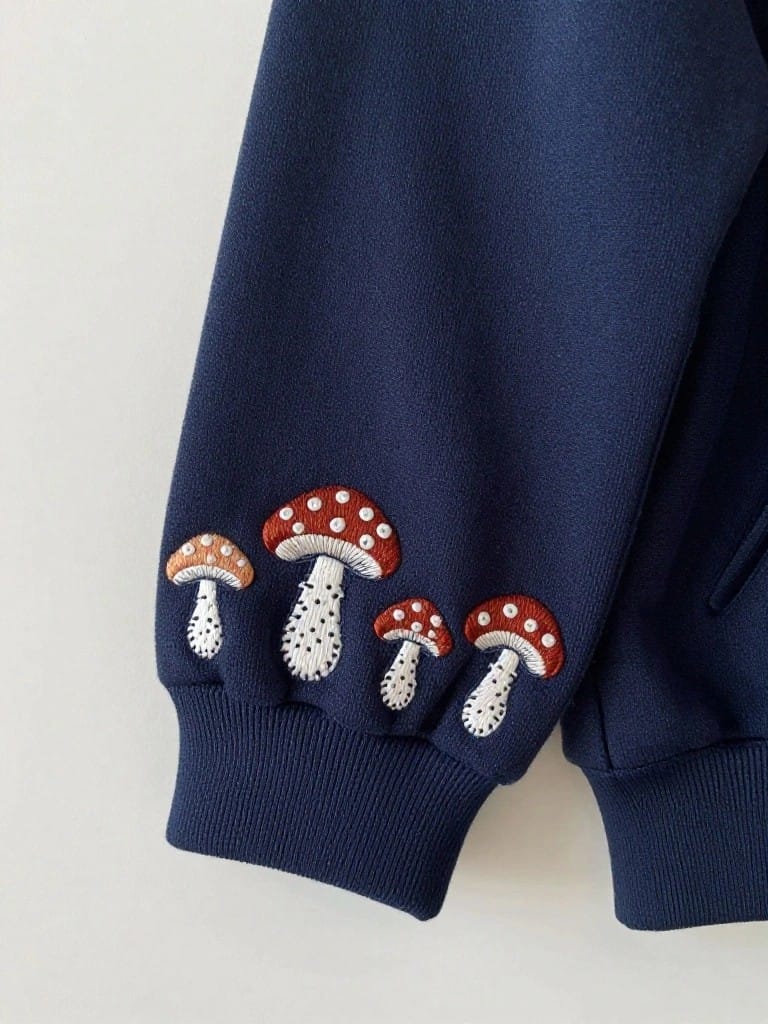 Close-up of navy blue hoodie sleeve cuffs embroidered with a cluster of small mushrooms in red, brown, and white.