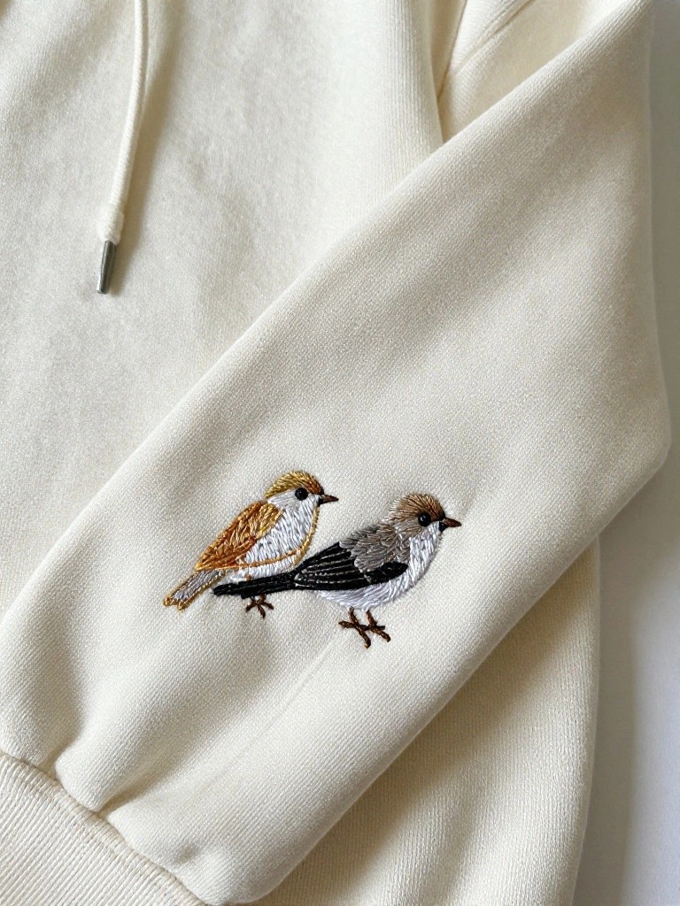 Close-up of a cream hoodie sleeve with two small embroidered birds, one yellowish-orange and one gray, walking side by side near the cuff.