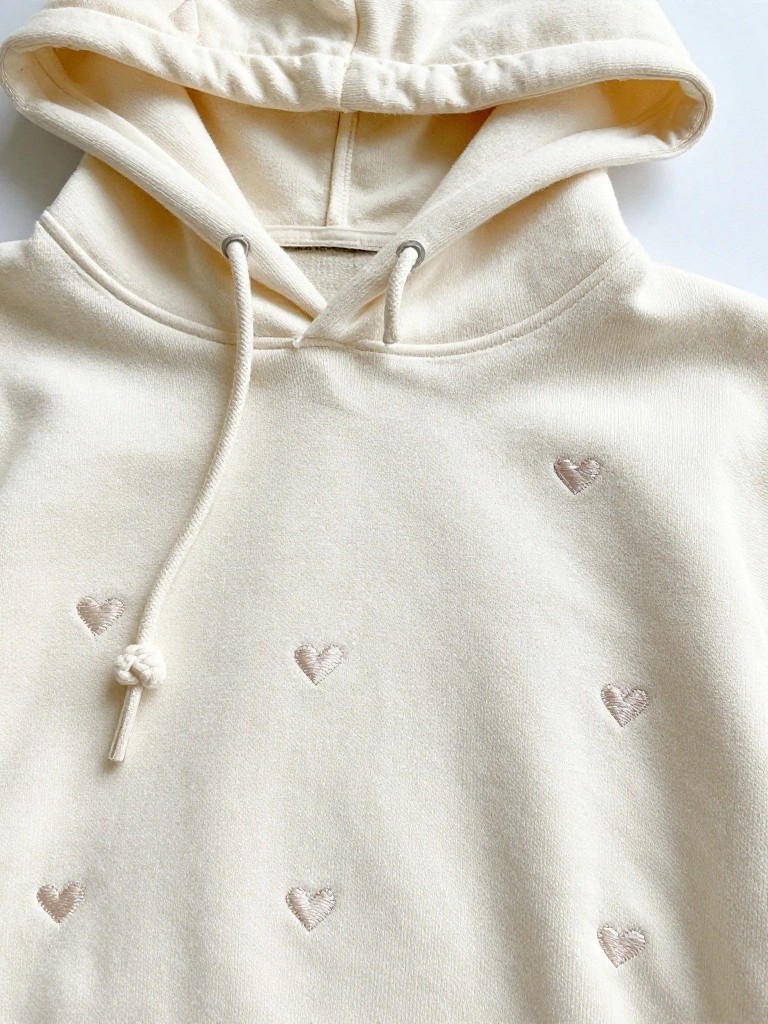 Cream hoodie with small embroidered pink hearts scattered across the front near the hood.
