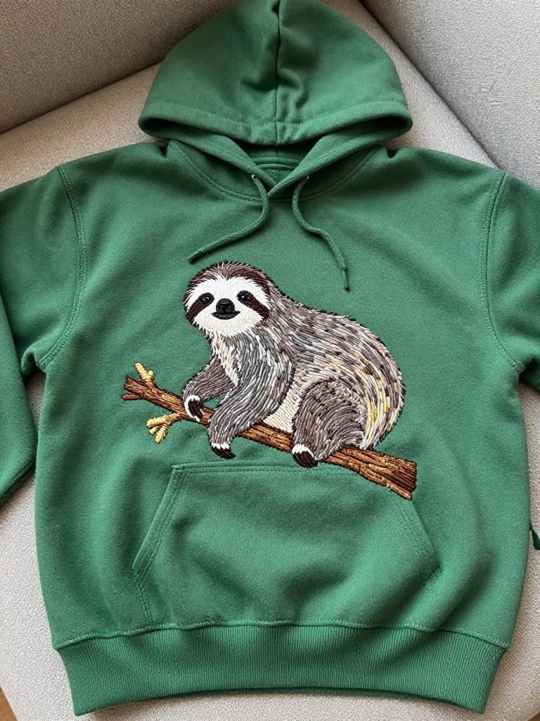 Green hoodie laid flat with a detailed embroidered sloth in gray and brown hanging from a branch on the front chest.