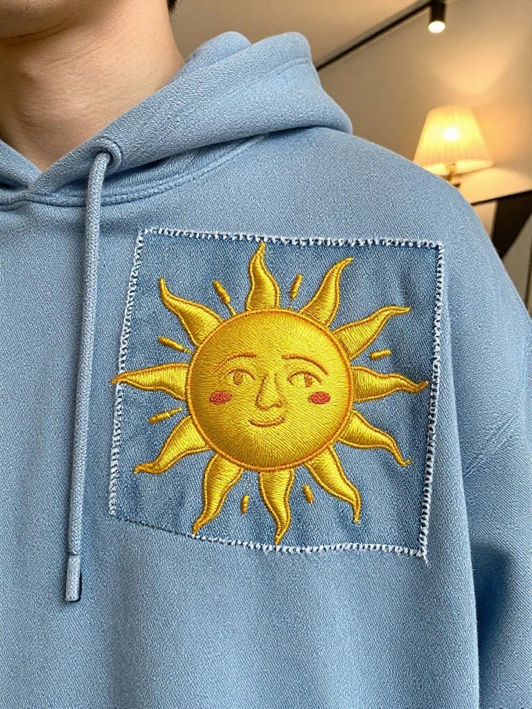 Blue hoodie with yellow embroidered smiling sun in a square patch on the left chest.