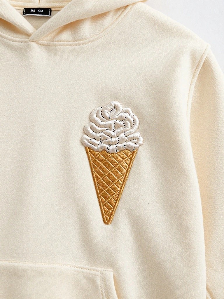 Cream hoodie with embroidered white soft-serve ice cream on a gold waffle cone placed on the left chest.