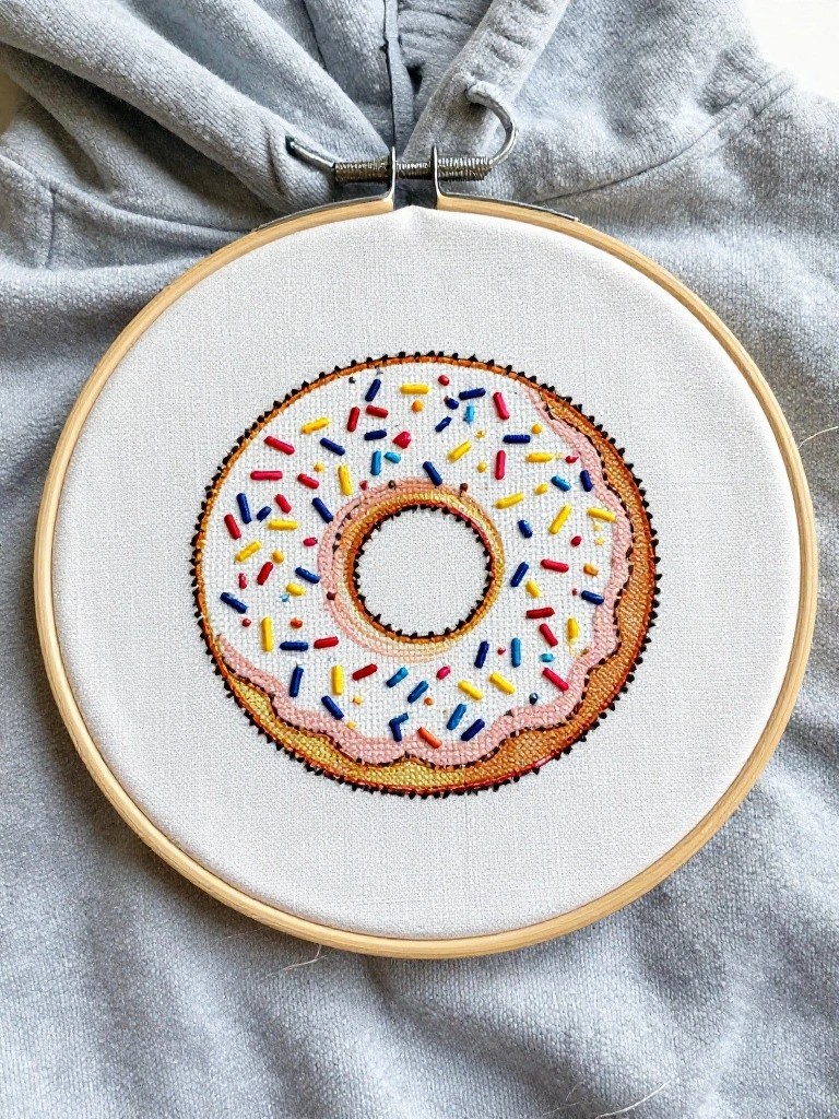 Embroidery hoop clamped to gray hoodie fabric with a pink-frosted donut covered in multicolored sprinkles.