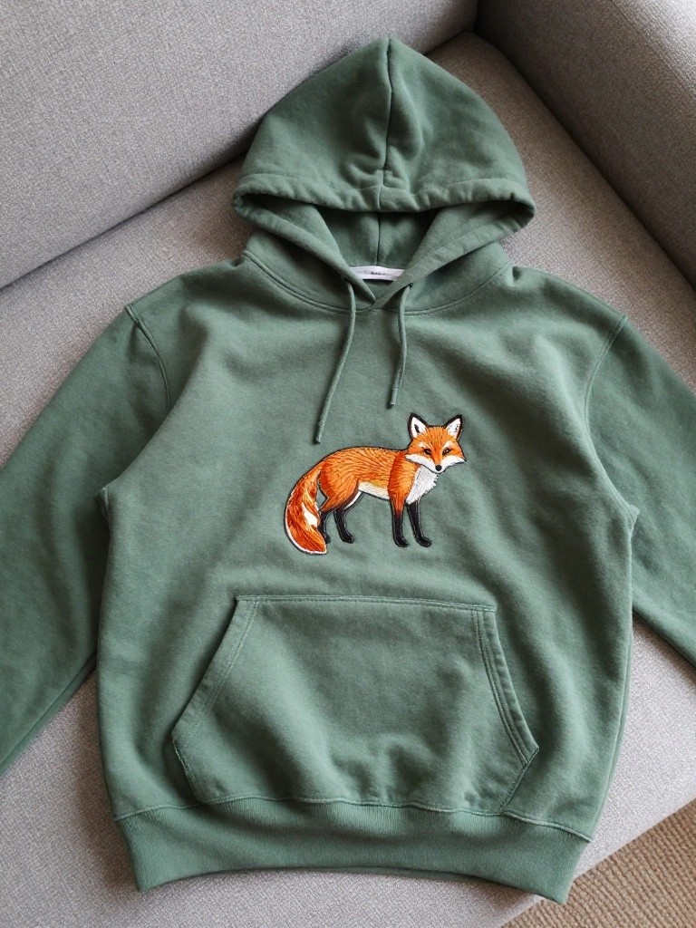 Sage green hoodie laid flat with an embroidered orange fox standing in profile on the front left side above the pocket.