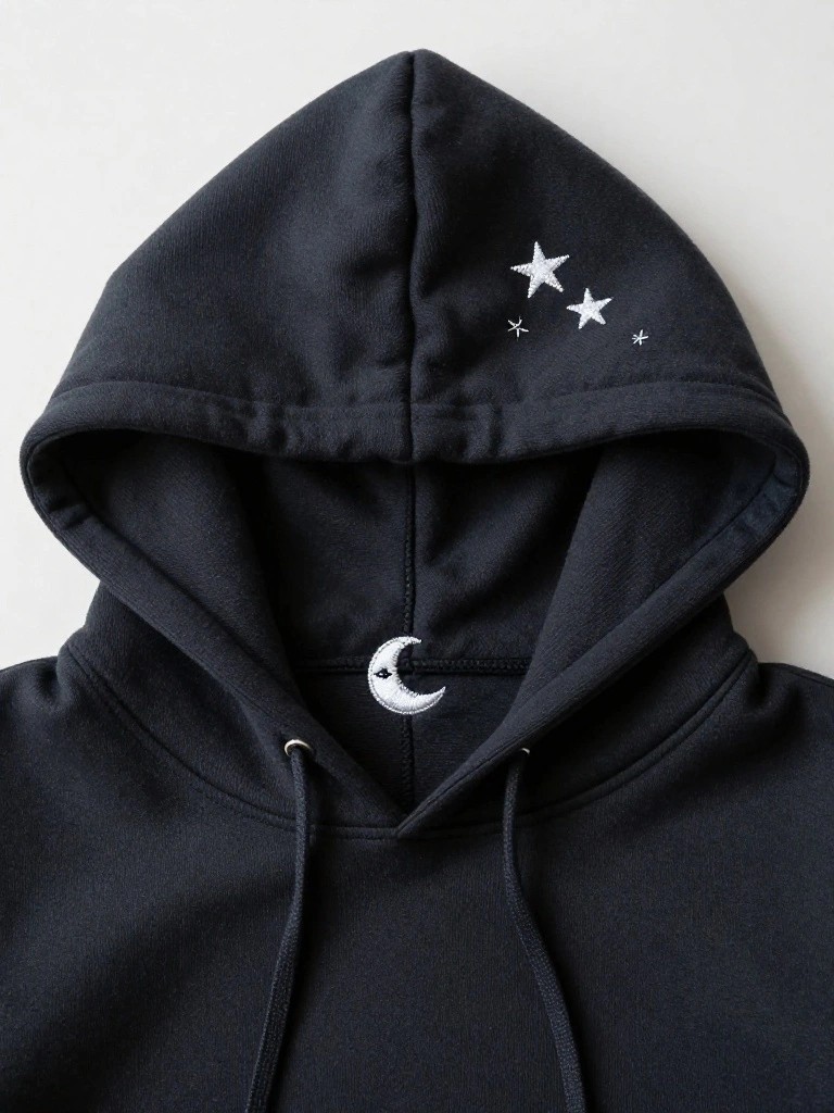 Black hoodie with white embroidered stars on the hood peak and a crescent moon centered on the front neckline.