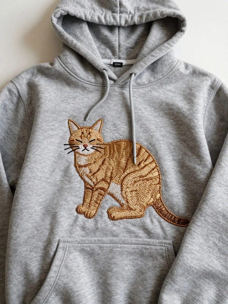 Gray hoodie with an orange embroidered tabby cat sitting on the left front chest.
