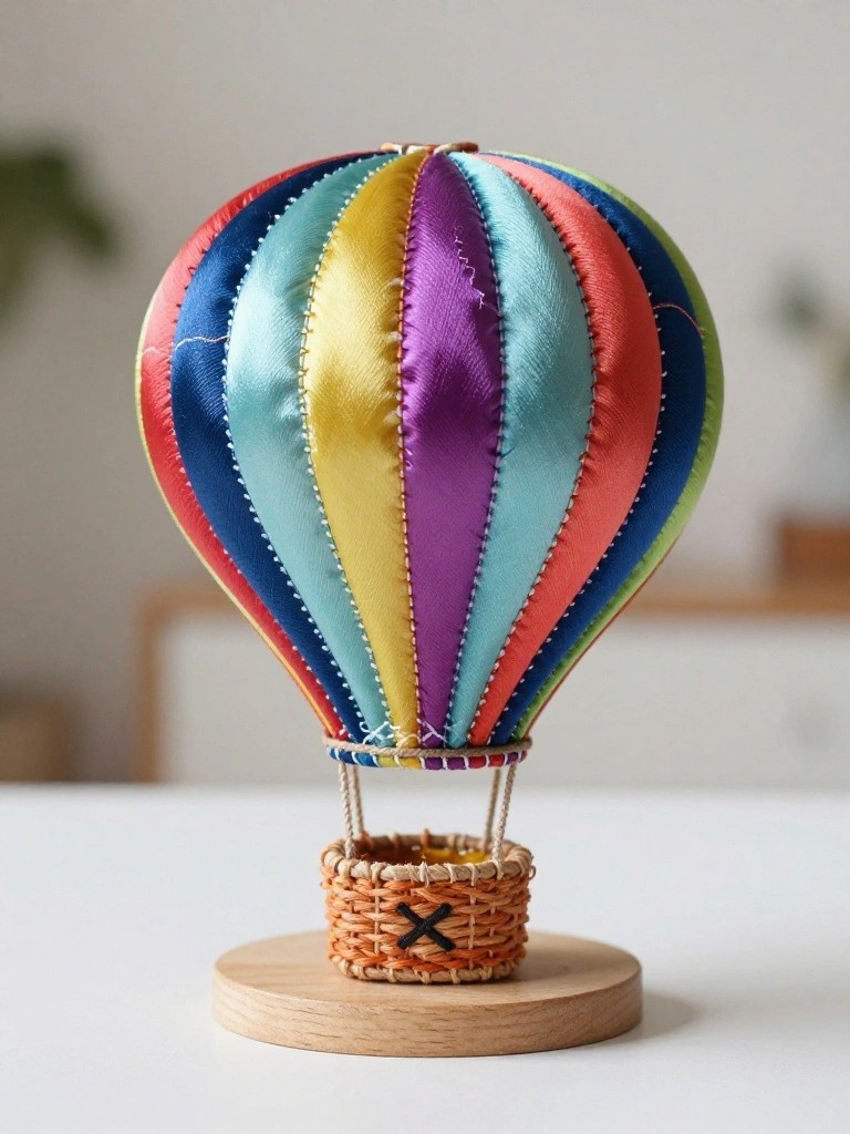 A stuffed hot air balloon made from multicolored satin fabric panels sits on a wooden base with a small woven basket below.