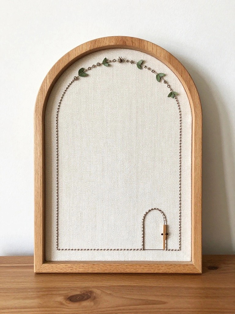 Arched wooden frame with beige fabric inside, green embroidered leaf chains along the top edge, and a small embroidered door at the bottom right corner.