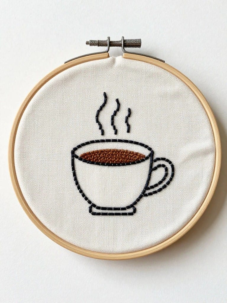 Embroidery hoop on white fabric with black-outlined coffee mug filled with brown beads and black steam curls rising from it.