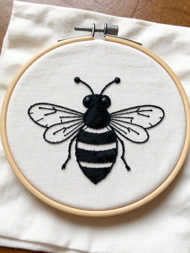 Black embroidered bee with white wings and stripes in a wooden hoop on white fabric.