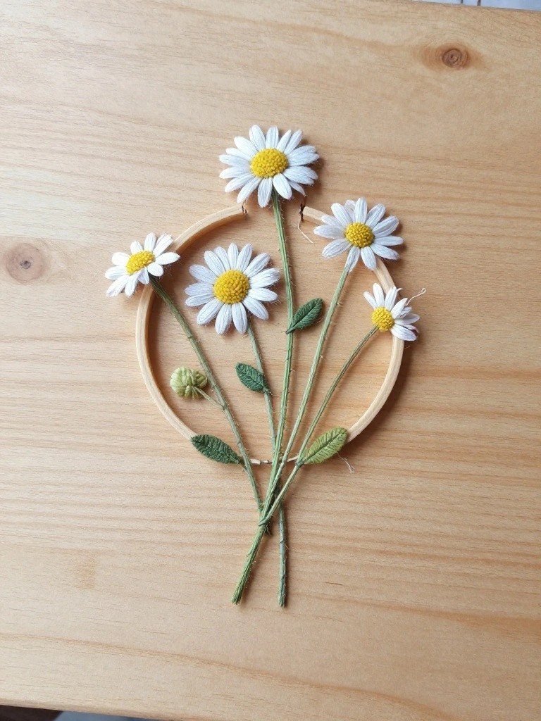 White embroidered daisies with yellow centers, green stems, and leaves arranged inside and over the edge of a wooden embroidery hoop on a wooden surface.