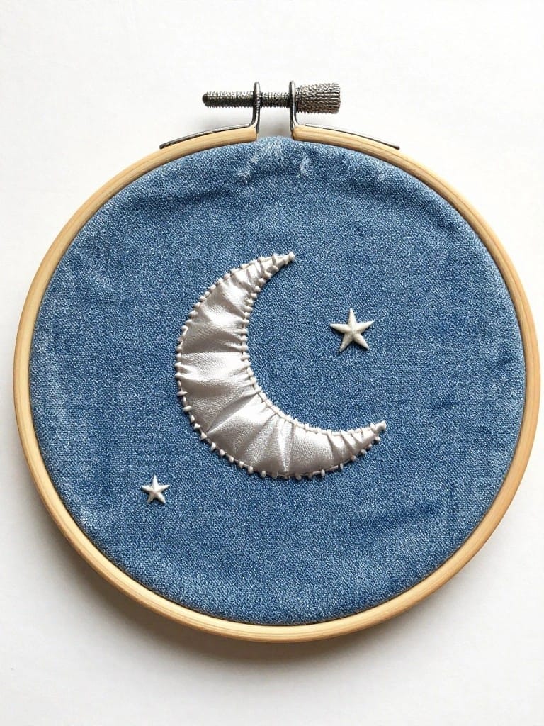 Blue denim in a wooden embroidery hoop with a silver satin crescent moon and small embroidered star centered on the fabric.