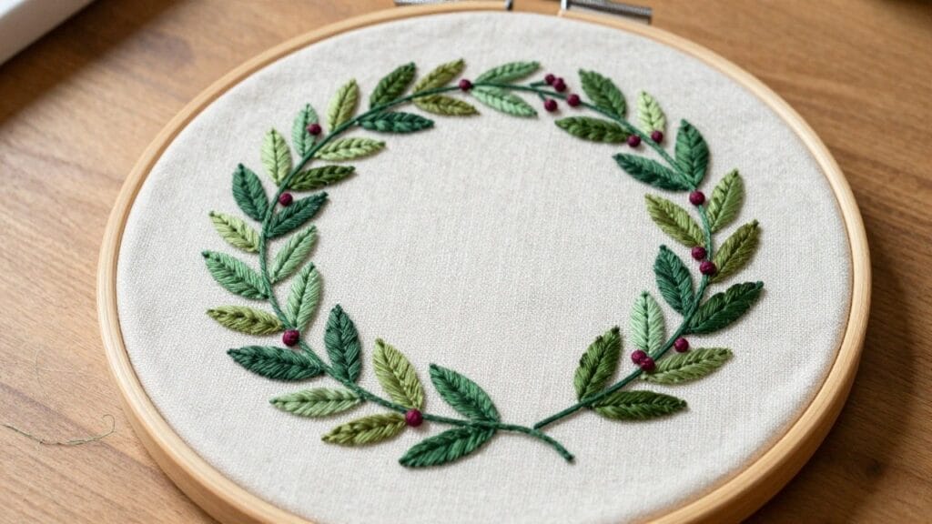 Embroidery hoop with green embroidered laurel leaves and red berries forming a wreath on light fabric.