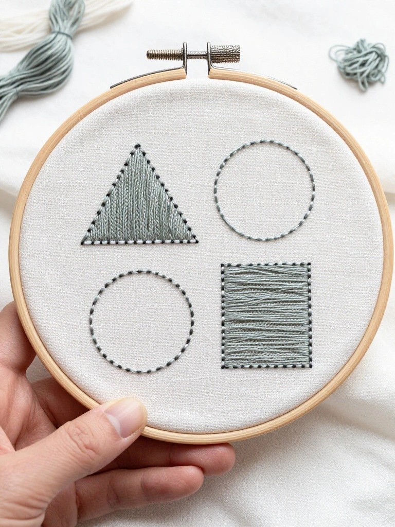 Hand holding a wooden embroidery hoop with gray-green stitched triangle, two outlined circles, and square on white fabric.