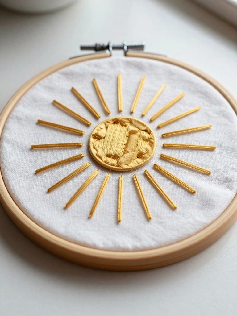 Embroidery hoop on white fabric featuring a central textured gold sun with straight gold rays radiating outward.
