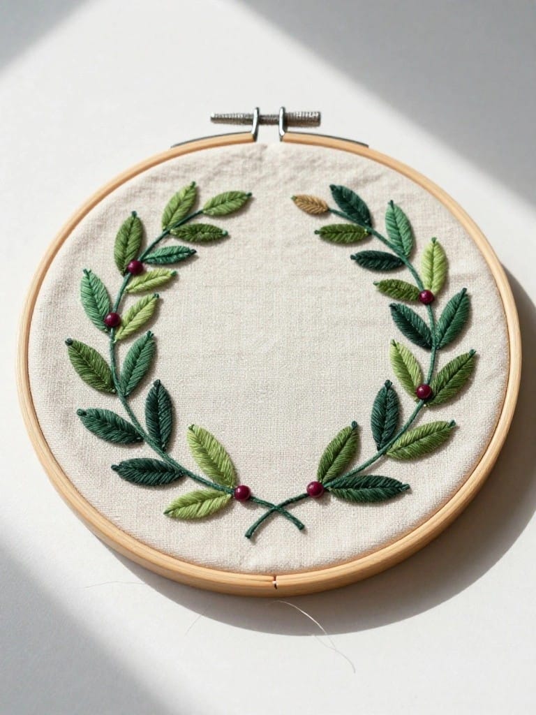 Embroidery hoop with green embroidered laurel leaves and red berries forming a wreath on light fabric.