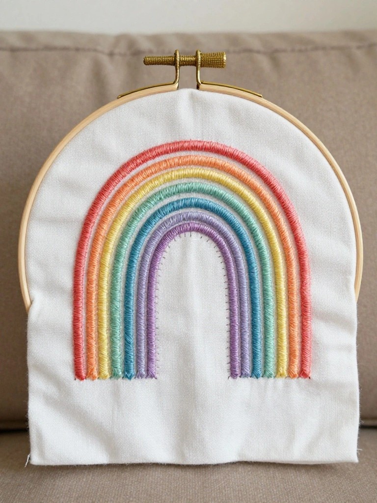 Embroidery hoop on white fabric featuring a textured, multicolored rainbow design.