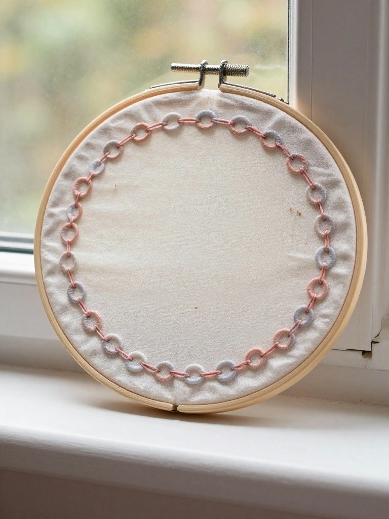White embroidery hoop with pink and gray chain stitches forming linked ovals around the inner fabric edge.