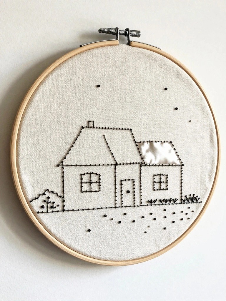 Black outline embroidery of a house with roof, windows, door, bushes, stars, and ground dots on white fabric in a wooden hoop.