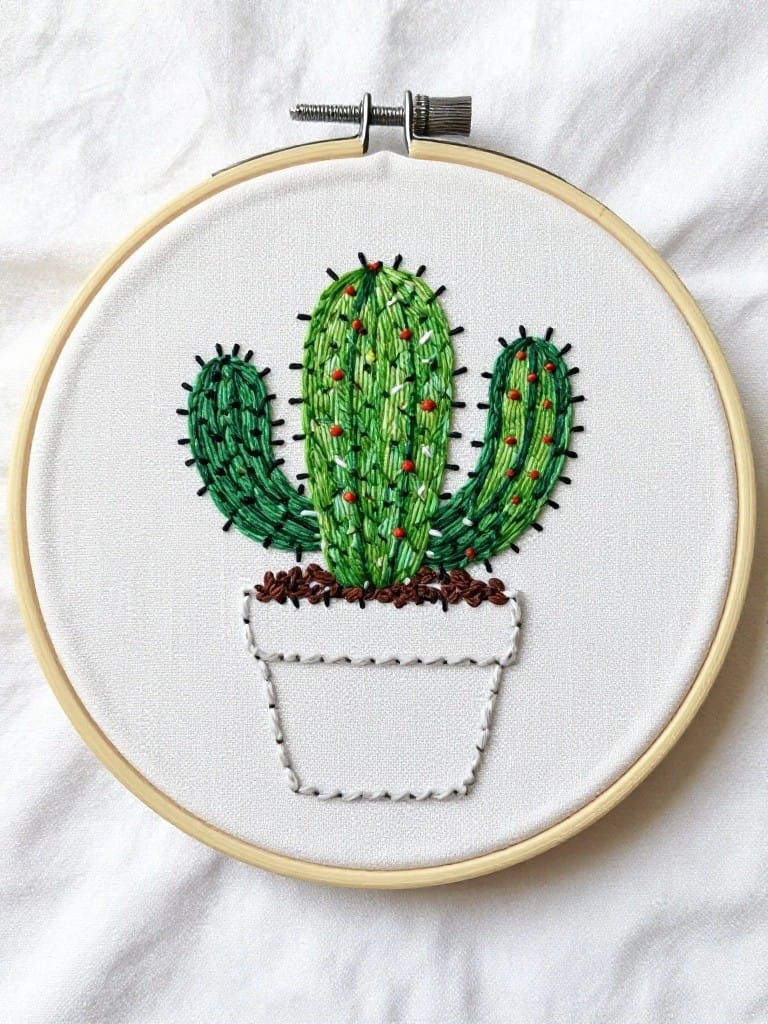 Embroidery hoop featuring a green three-armed cactus with red spines in a white pot on white fabric.