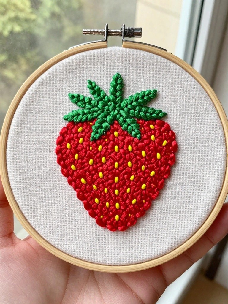 Embroidery hoop on white fabric with a red strawberry, yellow seeds, and green leaves and stem.