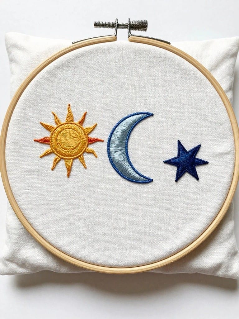 White embroidery hoop with orange sun, blue crescent moon, and blue star on white fabric.