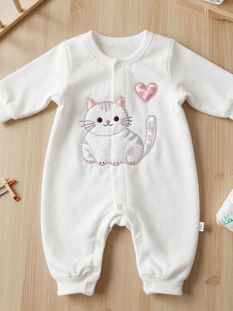 White baby onesie with embroidered white sitting cat, pink heart, and pink nose details on the front.