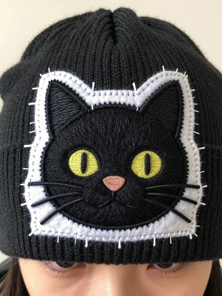 Black knit beanie with embroidered black cat face in white frame on the front fold.
