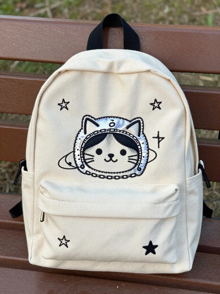 White canvas backpack with black embroidered cat in spacesuit helmet on the front pocket, surrounded by stars and rings on a wooden bench outdoors.